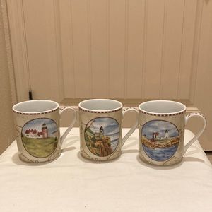 American Atelier at Home Set of 3 Porcelain Lighthouse Mugs Cups Signals 5100